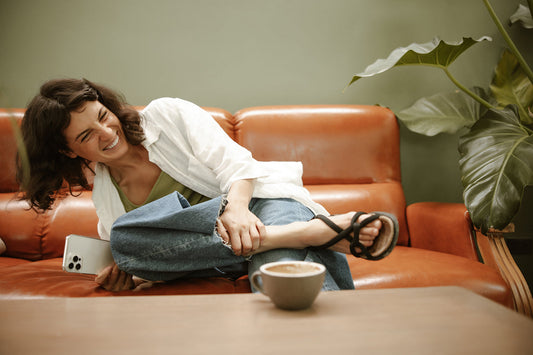 happy woman on couch