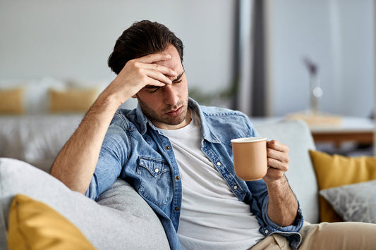 man sitting on sofa with coffee holding hand on his head