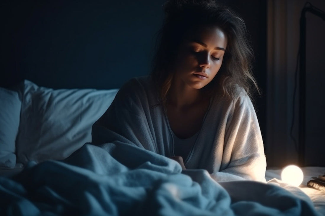 young woman sitting up in bed looking sad and tired