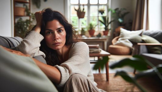 Vrouw ligt uitgeput op bank, lichaam kan niet ontspannen
